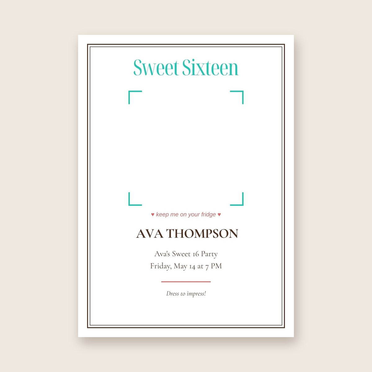 Sweet 16 party invitation photo magnet card in the Framed Keepsake design