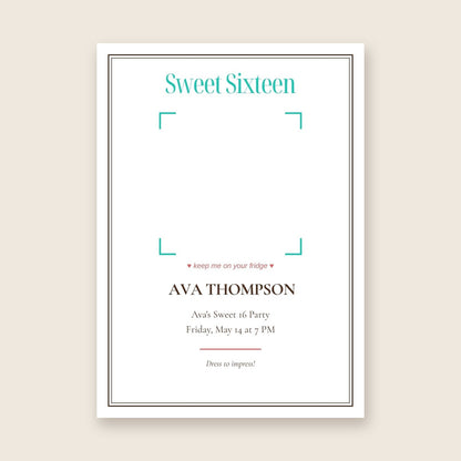 Sweet 16 party invitation photo magnet card in the Framed Keepsake design