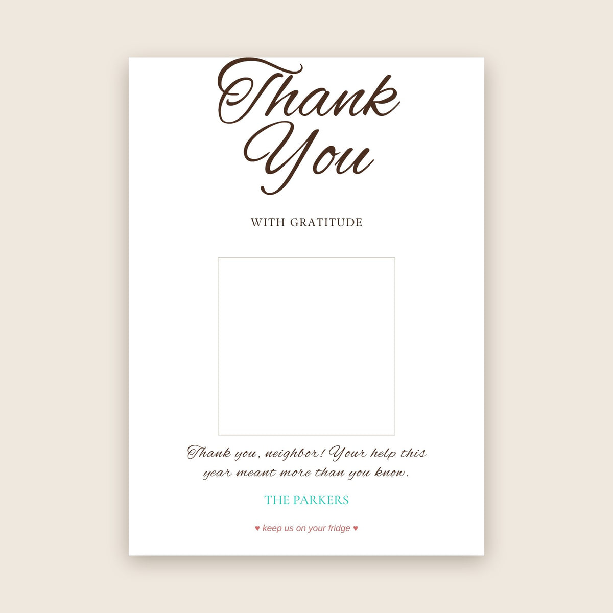 Thank You photo magnet card in the Big Script design