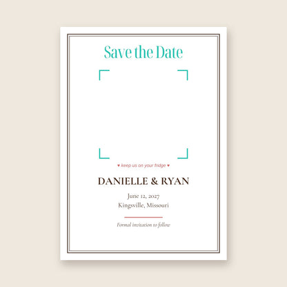 Wedding save the date photo magnet card in the Framed Keepsake design with the couple's names, date and town